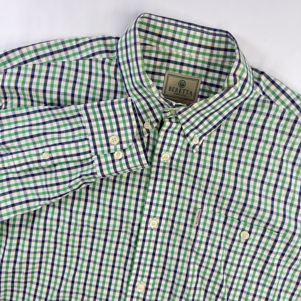 Beretta Shirt Men's Large Green Blue Plaid Button Down Long Sleeve